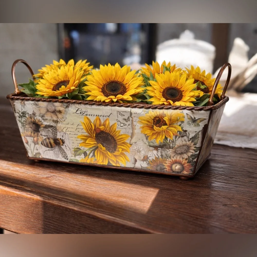 Hand crafted Artisan rustic Floral Metal Storage Bin Brown and Yellow